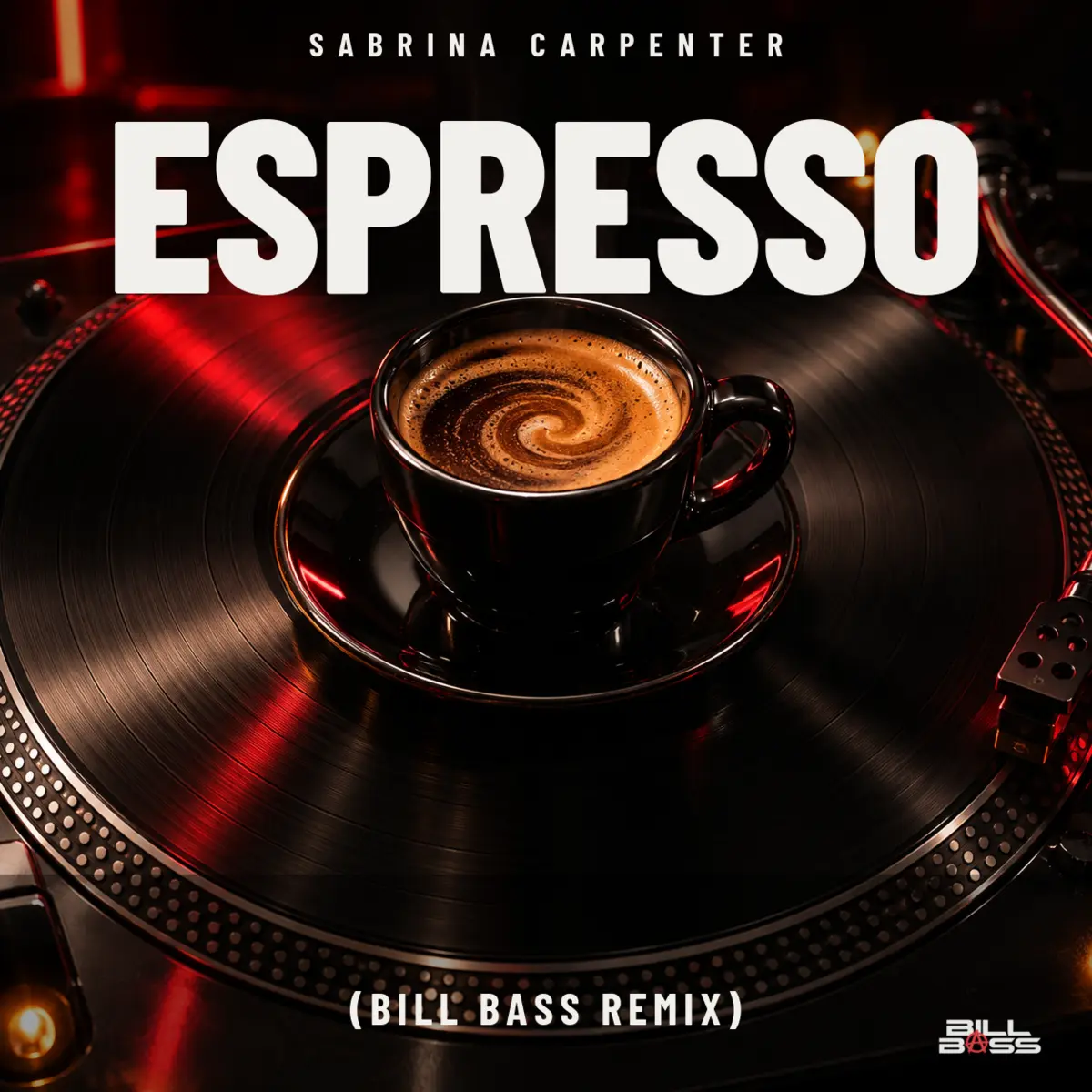 Espresso remix cover art: an espresso cup on a red-lit turntable